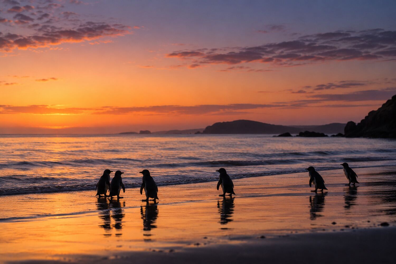 Little penguins silhouetted on a beach at twilight