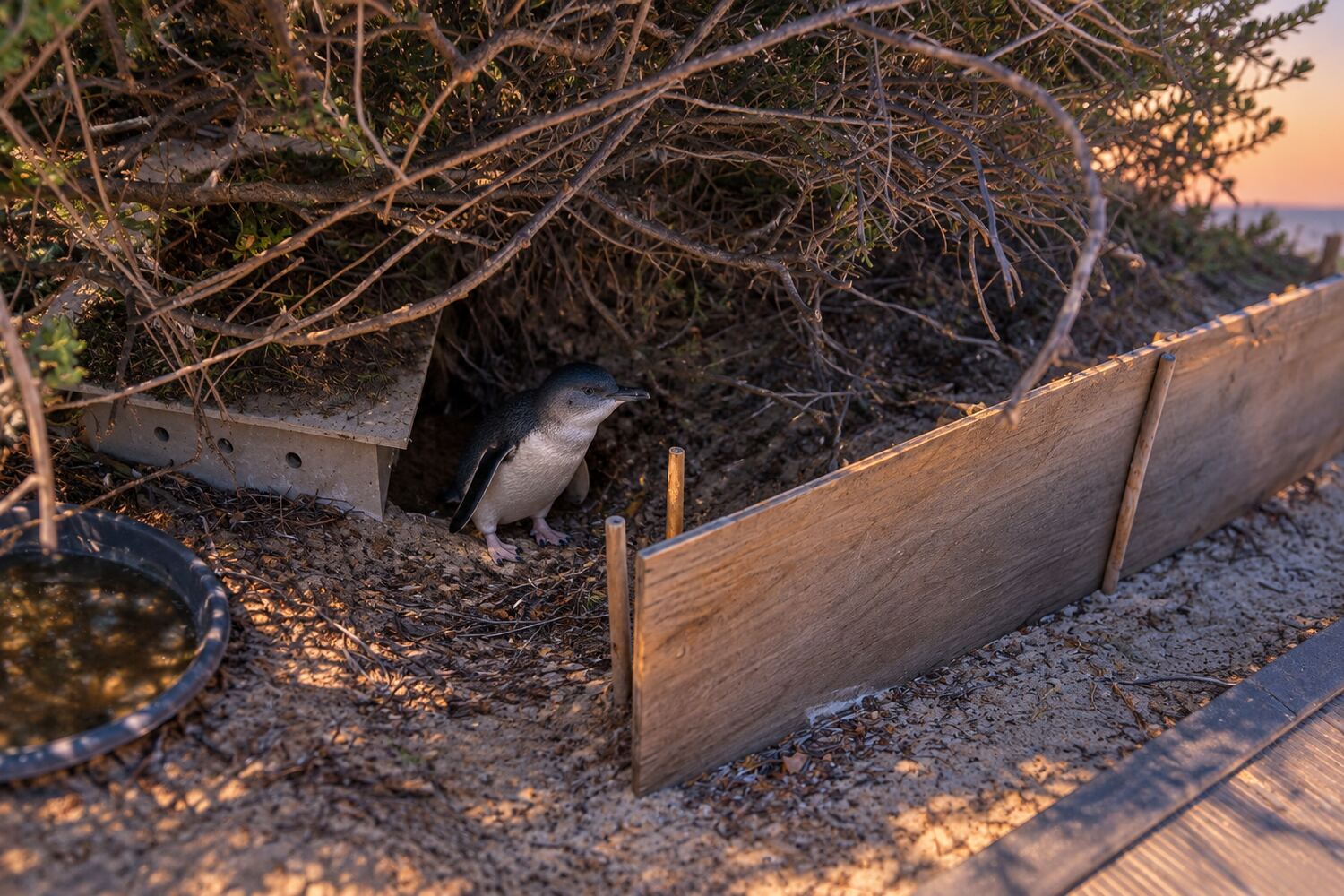 A little penguin at its burrow at dusk