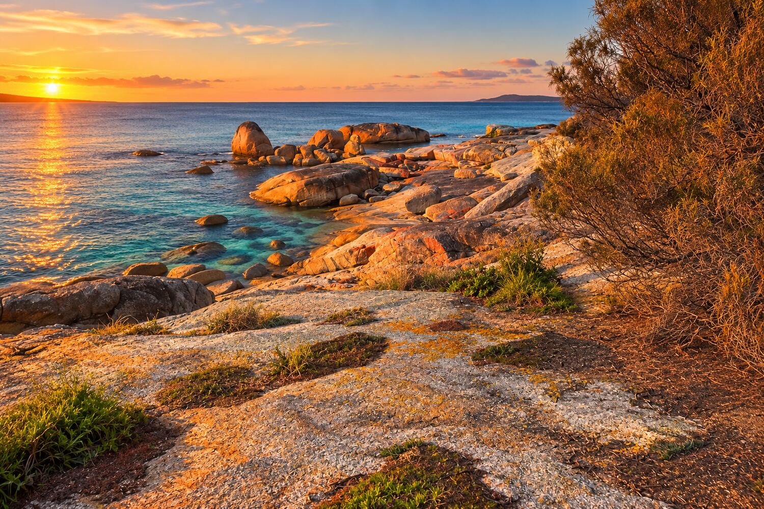Granite boulders at Bicheno at sunset